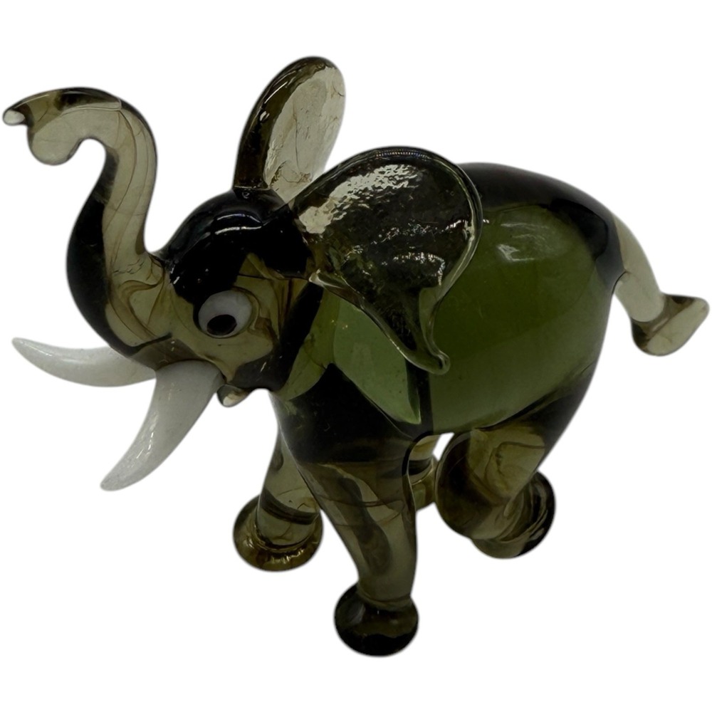 Handcrafted Blown Glass Elephant Figurine Trunk Up Green Art Glass Vintage